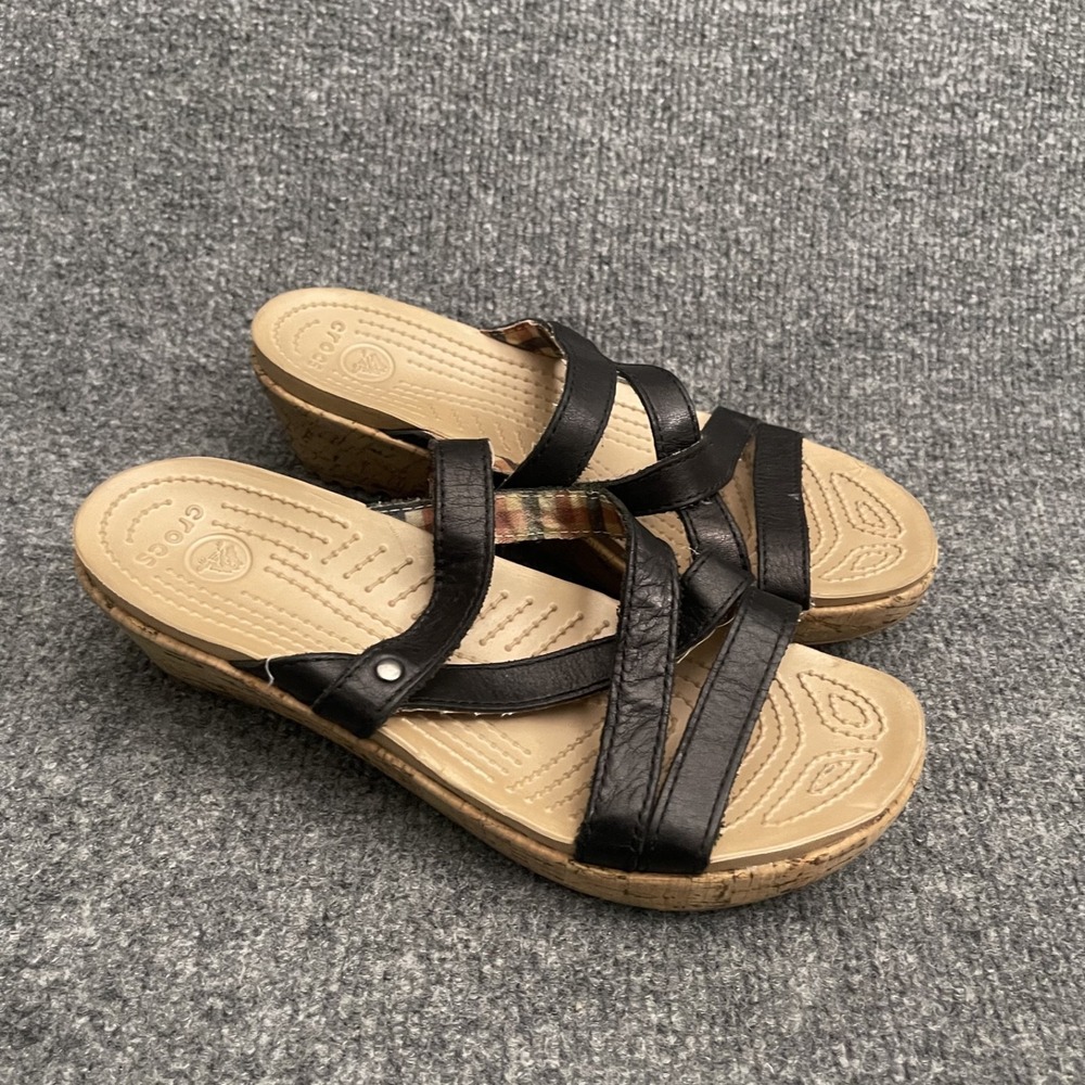 Crocs A-Leigh Mini Wedge Sandals Womens Sz 7 Black Leather Cork Strappy Slide